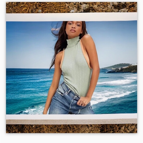 FreePeople Marley Sleeveless Ribbed Mock Top-Khaki Green-Orange -SzM-NWOT✌️​ - Picture 2 of 11